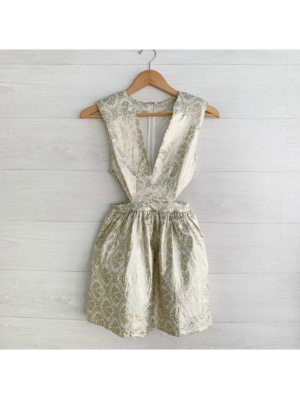 NWT Mustard Seed Gold Brocade Cutout Mini Dress S Plunge V Neck Party